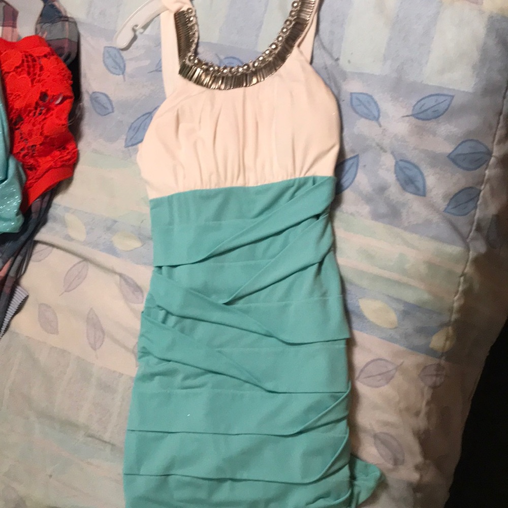 turquoise, and white fitted dress!